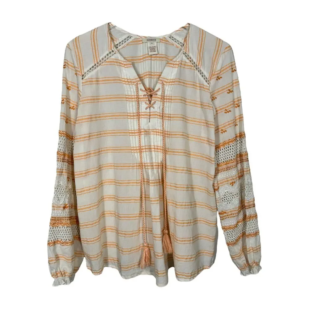 Sundance Sunset Stripes Top Small Lace Up Embroidered Blouse White Orange Boho - Picture 2 of 6